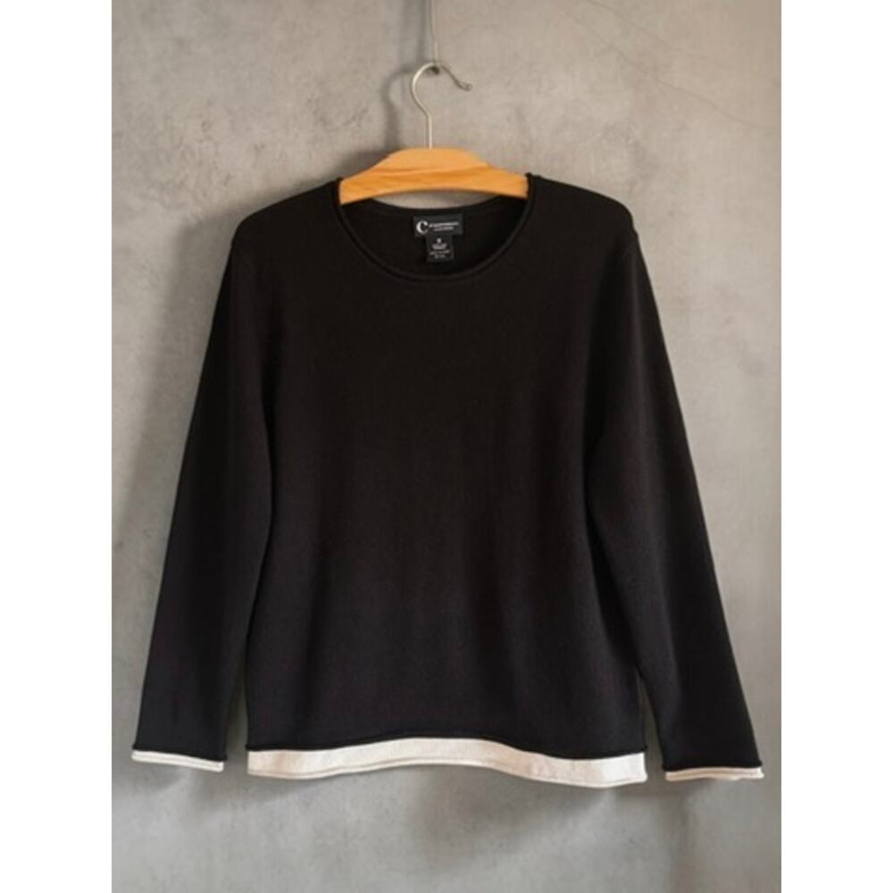 C by Bloomingdale's 100% Cashmere Sweater Black Layered Hem Crewneck Women's M